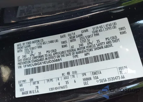 2014 Ford Escape Se z USA, uszkodzony, nr VIN 1FMCU9GX1EUD30881